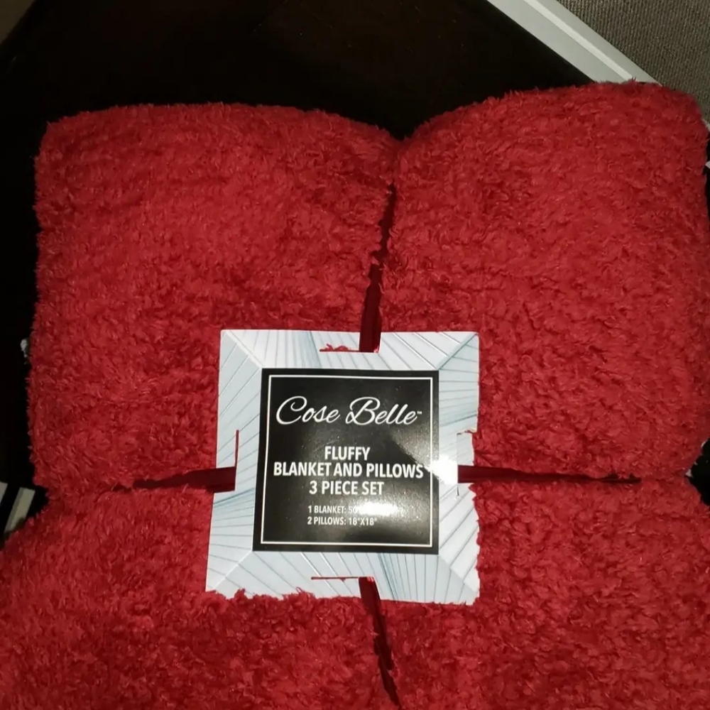 New 3 piece Deep Red blanket and 2 pillow set